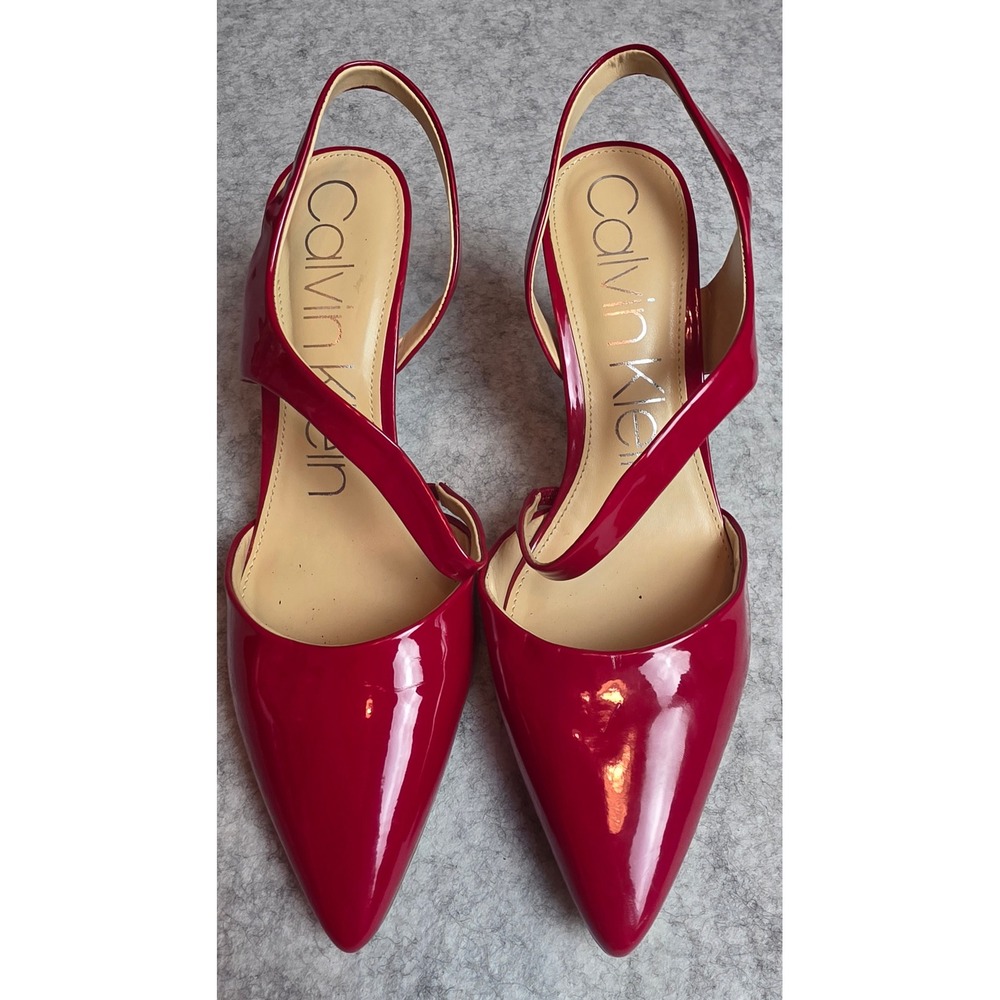 Calvin Klein Womens Red Patent Asymmetrical Slingback Pointed Toe Pumps 8.5M